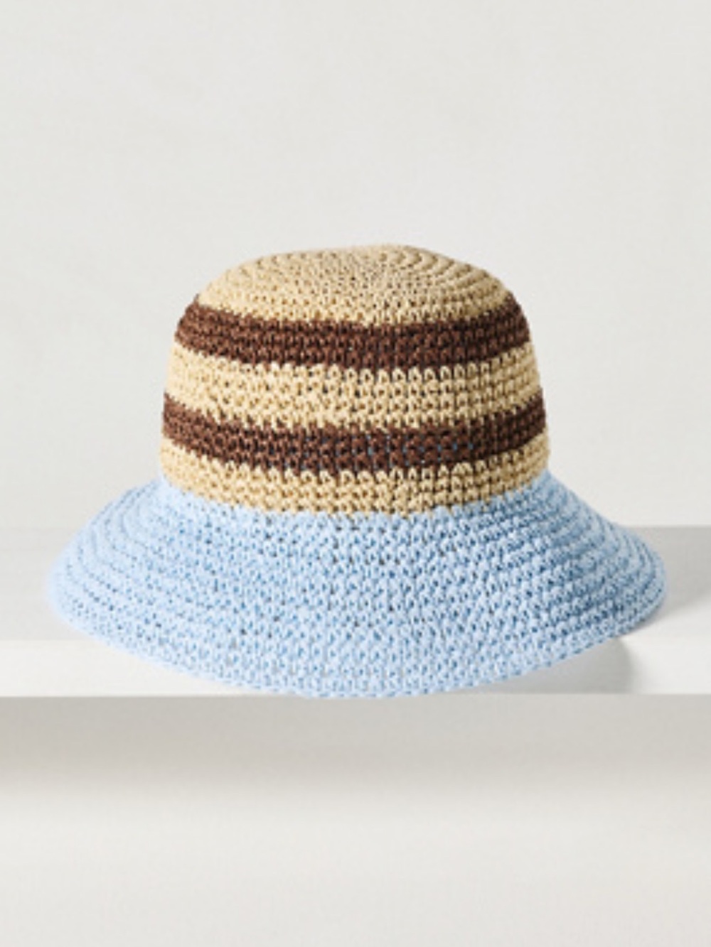 Anthropologie Striped Crochet Bucket Hat in Light Blue, Tan & Brown